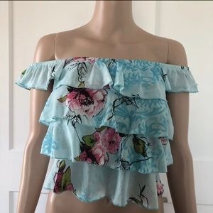 Off Shoulder Light Blue Pink Floral Ruffle Cropped Top XS